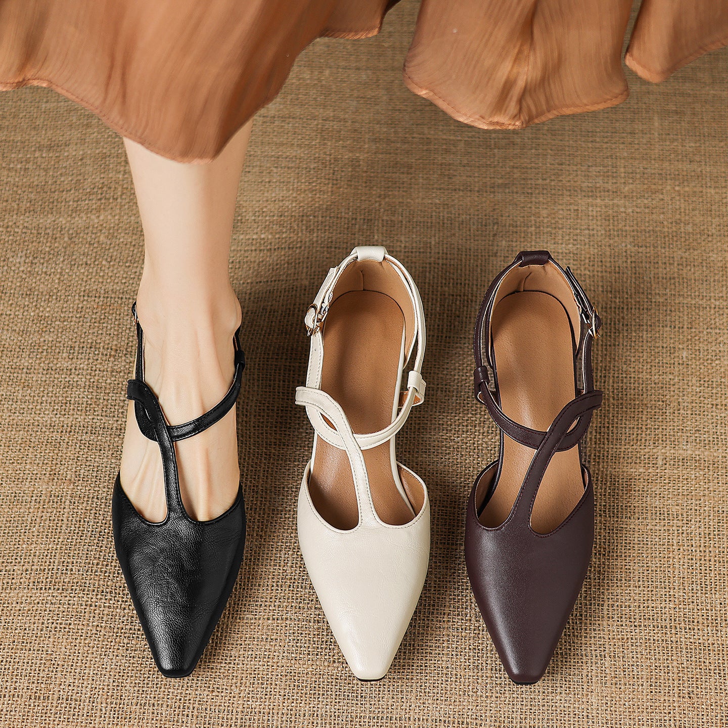 Falia Genuine Leather T-strap Heels