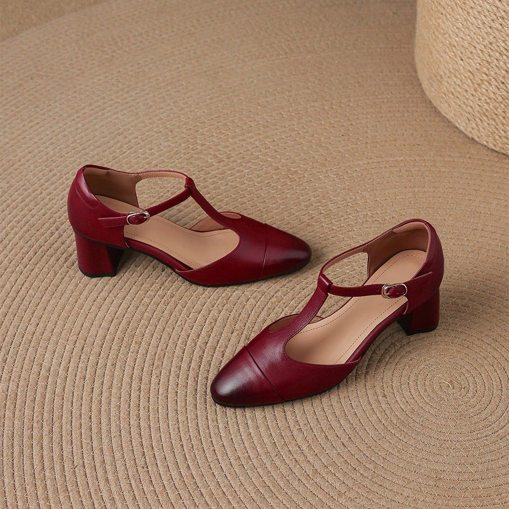 Orena Genuine Leather T-Strap Heels