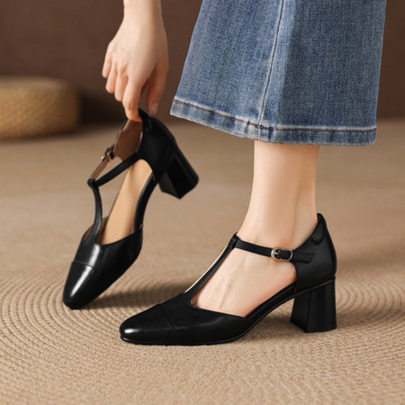 Orena Genuine Leather T-Strap Heels