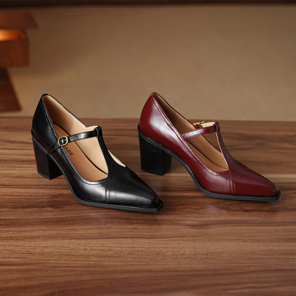 Raiza Genuine Leather T-Strap Heels