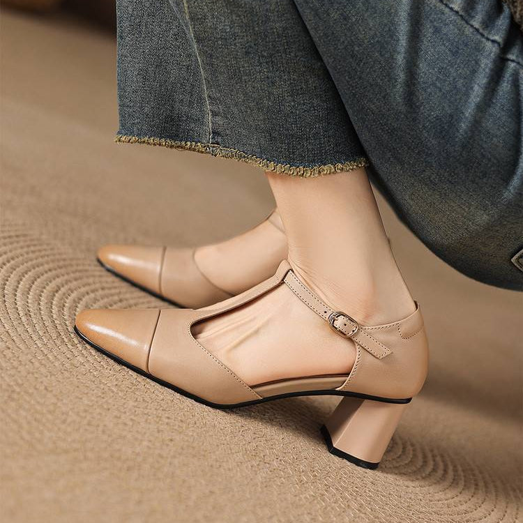 Orena Genuine Leather T-Strap Heels