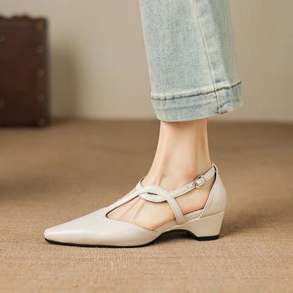 Falia Genuine Leather T-strap Heels