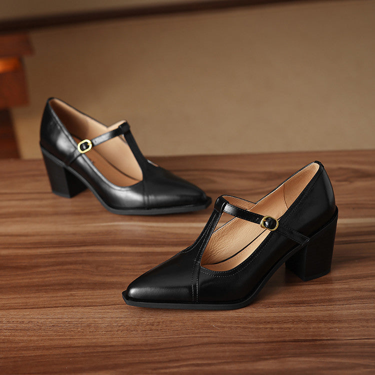 Raiza Genuine Leather T-Strap Heels