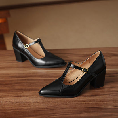 Raiza Genuine Leather T-Strap Heels