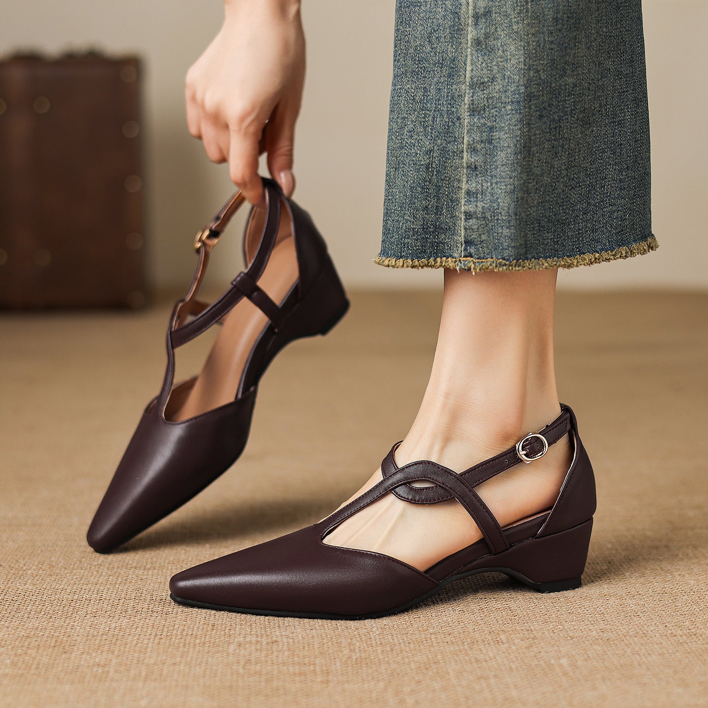 Falia Genuine Leather T-strap Heels