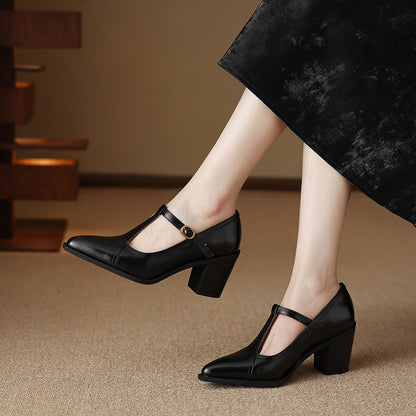 Raiza Genuine Leather T-Strap Heels