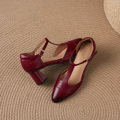 Orena Genuine Leather T-Strap Heels