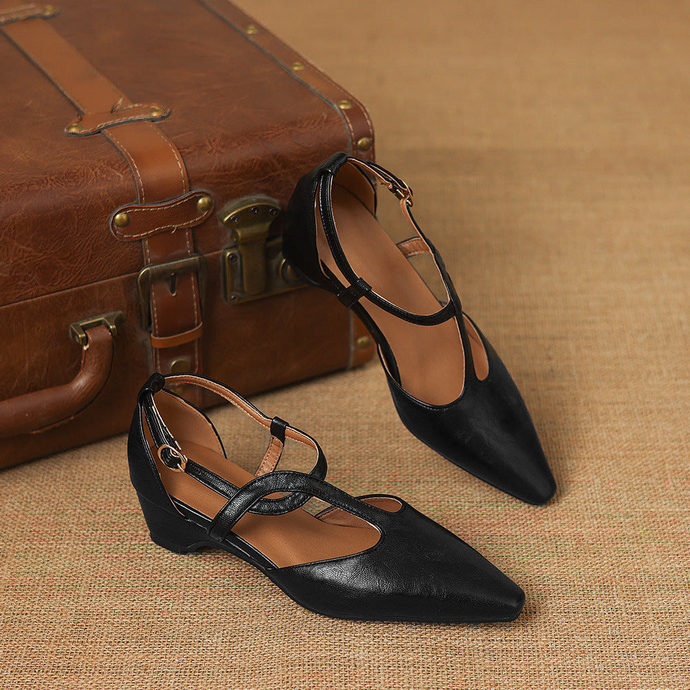 Falia Genuine Leather T-strap Heels