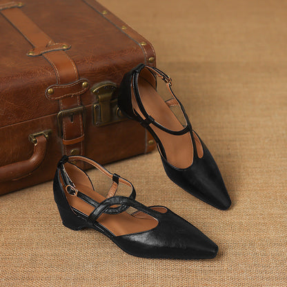 Falia Genuine Leather T-strap Heels