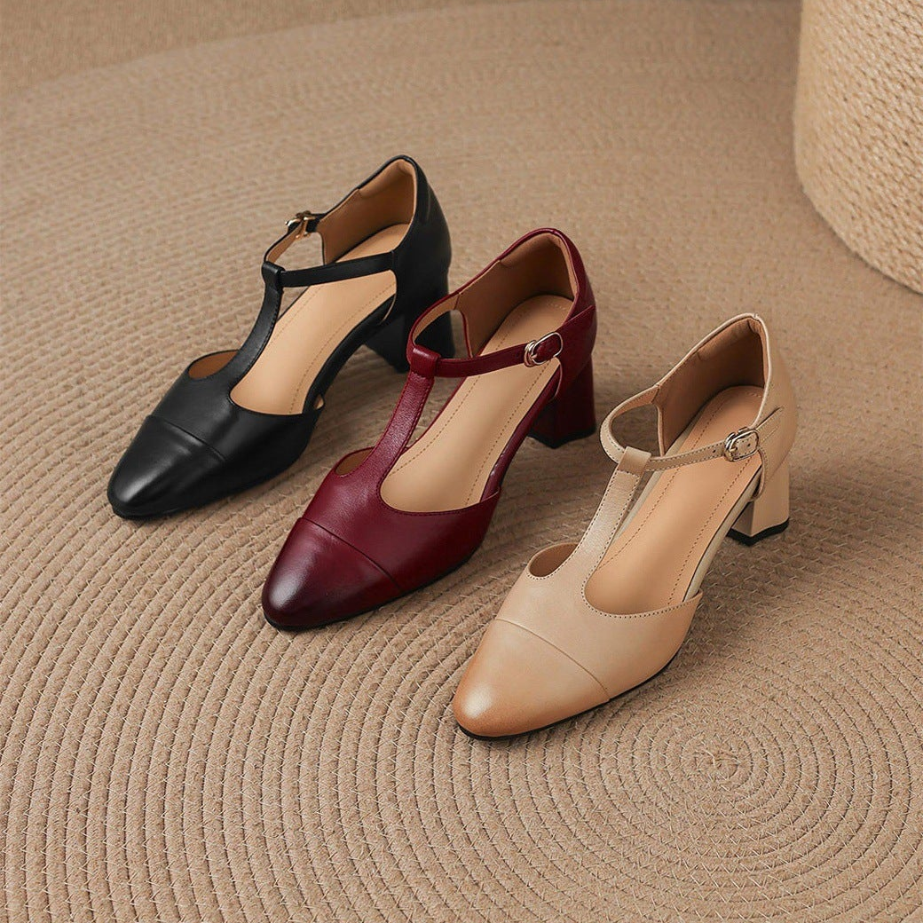 Orena Genuine Leather T-Strap Heels