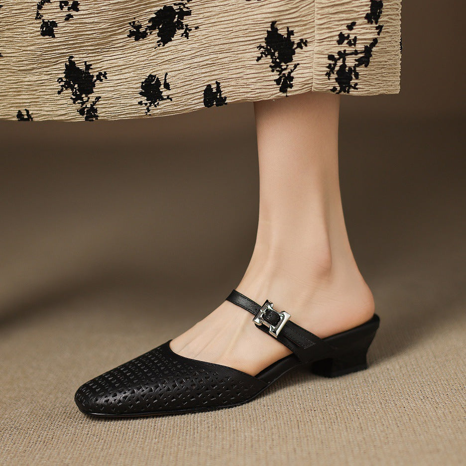 Mevi Genuine Leather Flat Mules