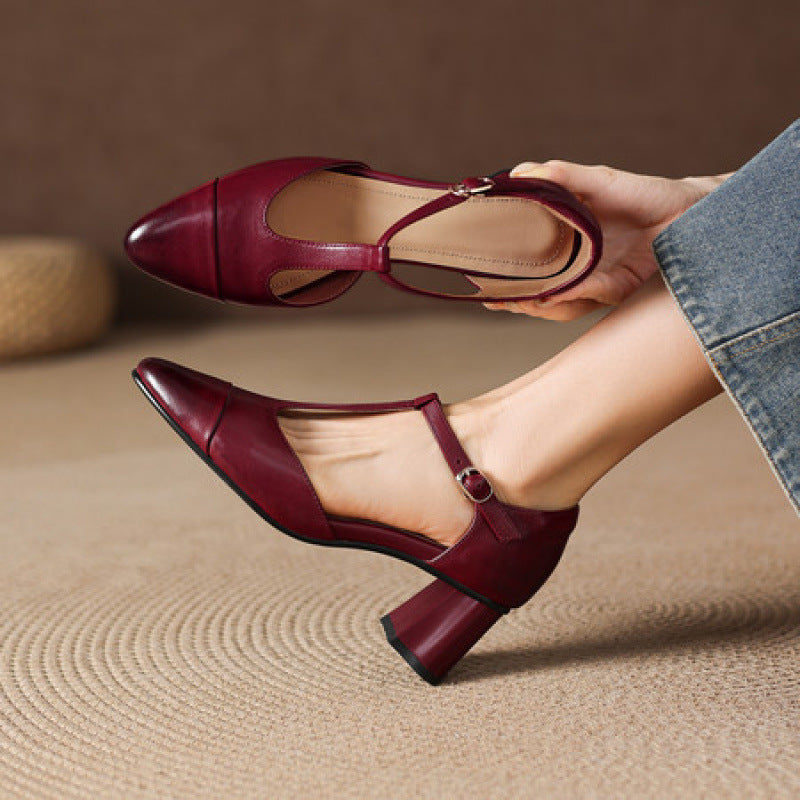Orena Genuine Leather T-Strap Heels