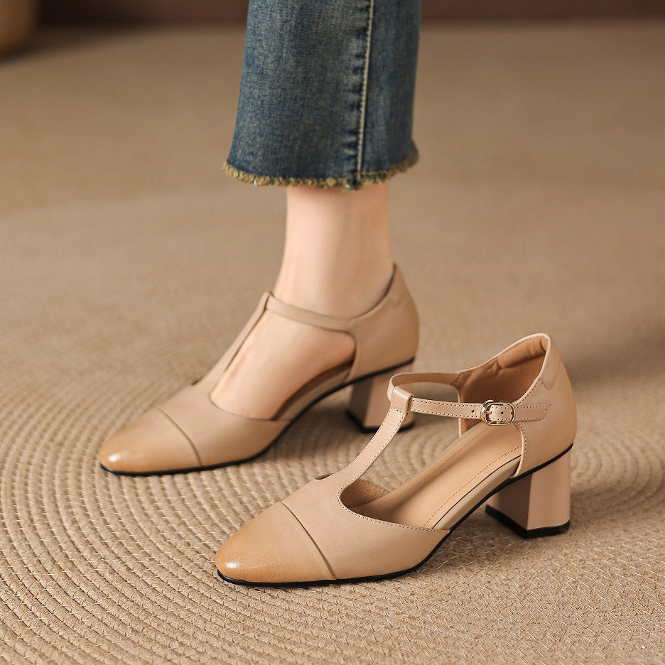 Orena Genuine Leather T-Strap Heels