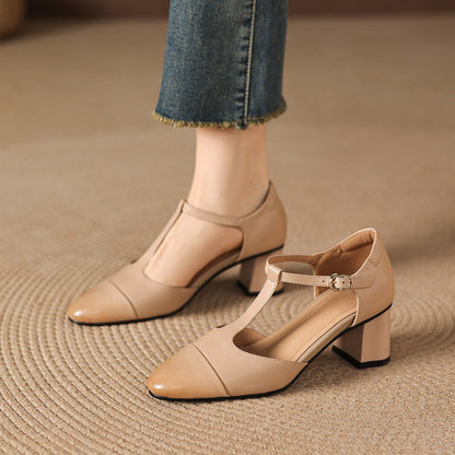 Orena Genuine Leather T-Strap Heels