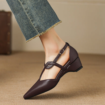 Falia Genuine Leather T-strap Heels