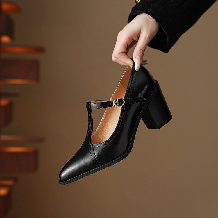 Raiza Genuine Leather T-Strap Heels