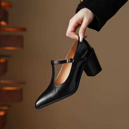 Raiza Genuine Leather T-Strap Heels
