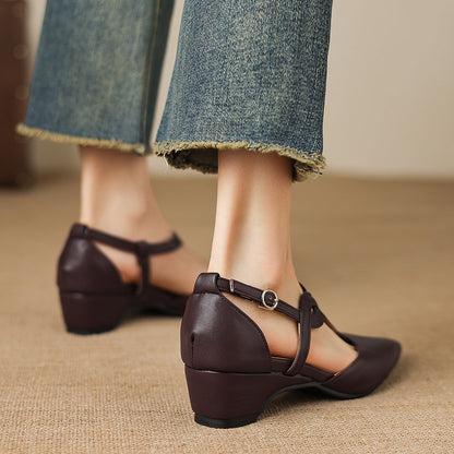 Falia Genuine Leather T-strap Heels