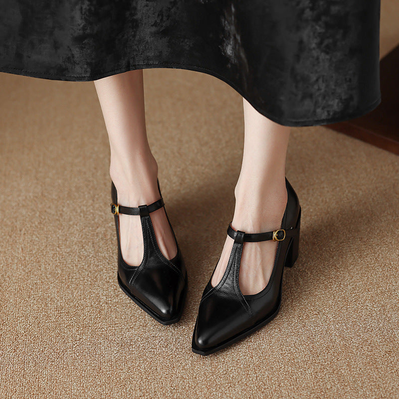 Raiza Genuine Leather T-Strap Heels