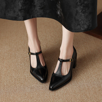 Raiza Genuine Leather T-Strap Heels