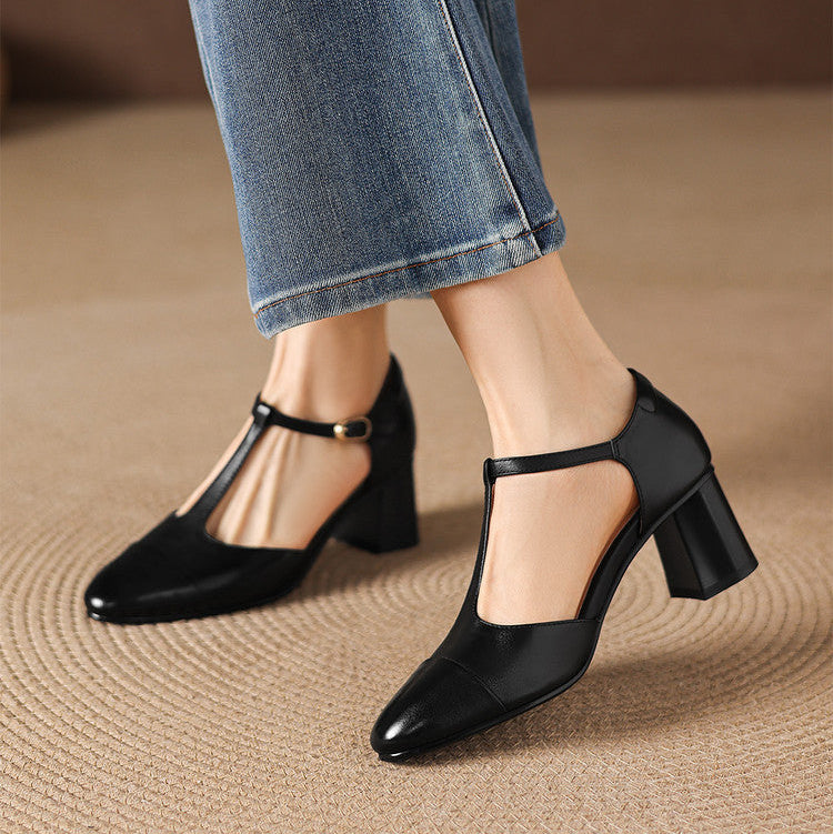 Orena Genuine Leather T-Strap Heels