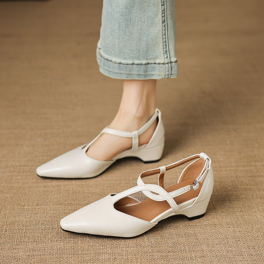 Falia Genuine Leather T-strap Heels
