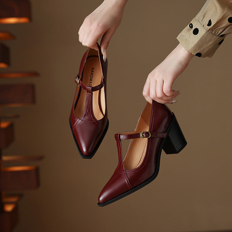 Raiza Genuine Leather T-Strap Heels