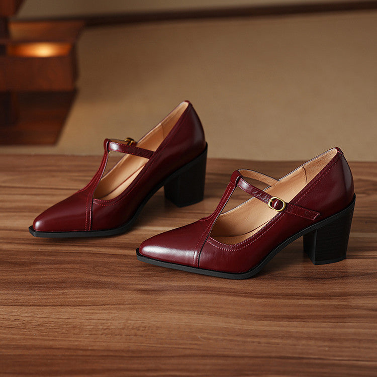 Raiza Genuine Leather T-Strap Heels