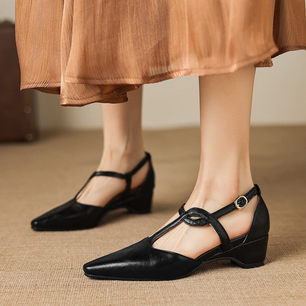 Falia Genuine Leather T-strap Heels