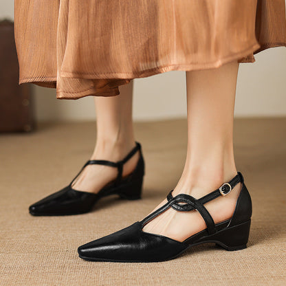 Falia Genuine Leather T-strap Heels