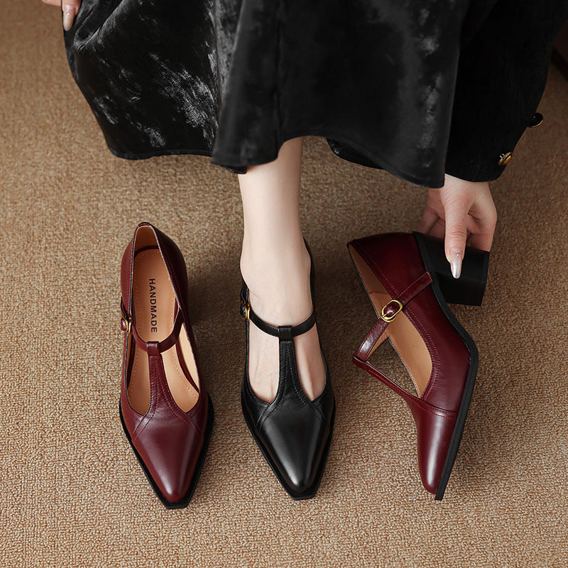 Raiza Genuine Leather T-Strap Heels