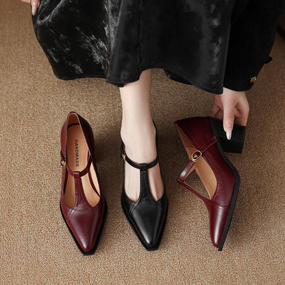 Raiza Genuine Leather T-Strap Heels