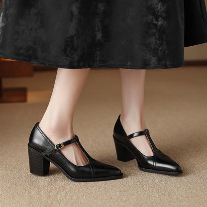 Raiza Genuine Leather T-Strap Heels
