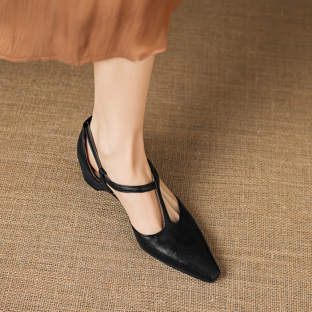 Falia Genuine Leather T-strap Heels