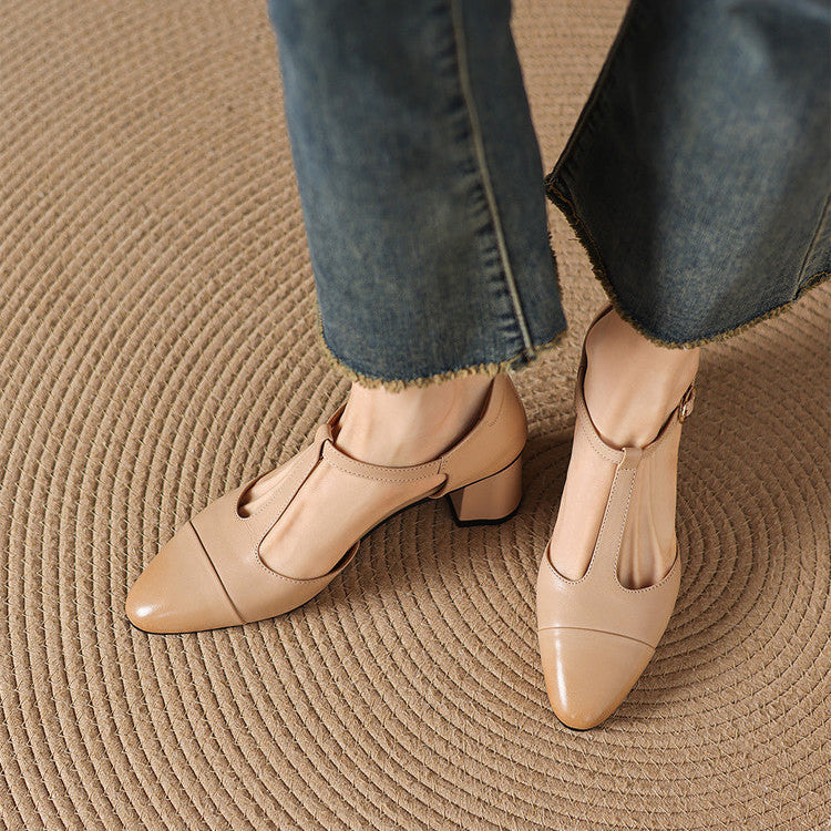 Orena Genuine Leather T-Strap Heels