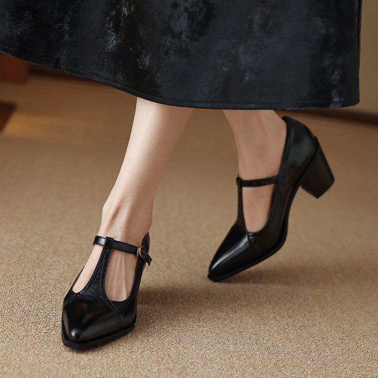 Raiza Genuine Leather T-Strap Heels