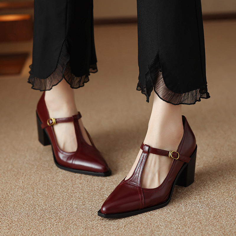 Raiza Genuine Leather T-Strap Heels