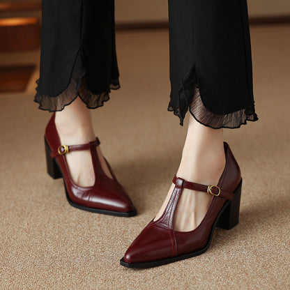 Raiza Genuine Leather T-Strap Heels