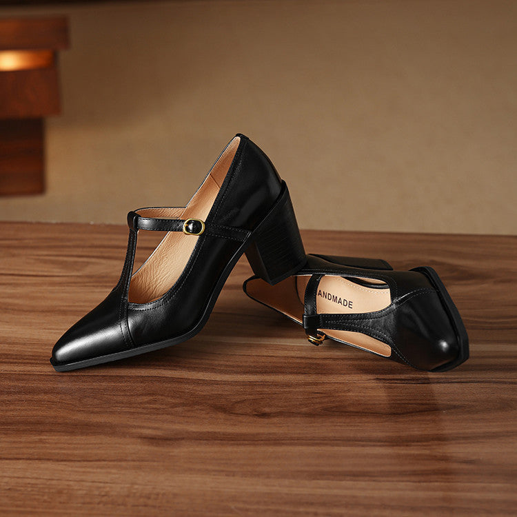 Raiza Genuine Leather T-Strap Heels