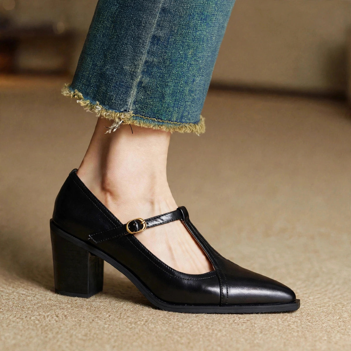 Raiza Genuine Leather T-Strap Heels
