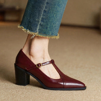 Raiza Genuine Leather T-Strap Heels